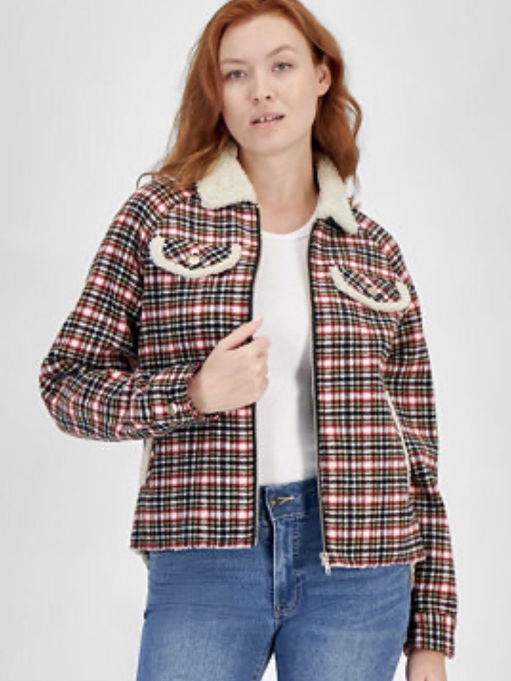 Nautica Jeans Lakeside Cabin Plaid Sherpa Jacket in Black & Red Size Medium NWT